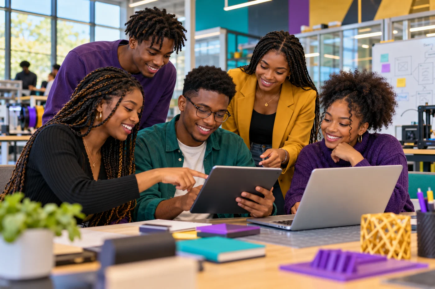 College-age students testing an app together in an innovation lab