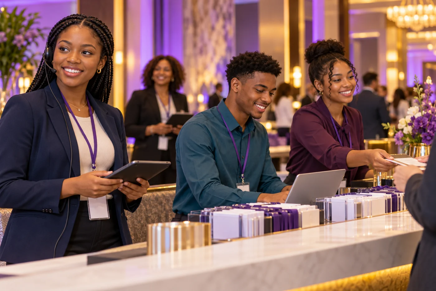 College-age interns working event registration and guest check-in