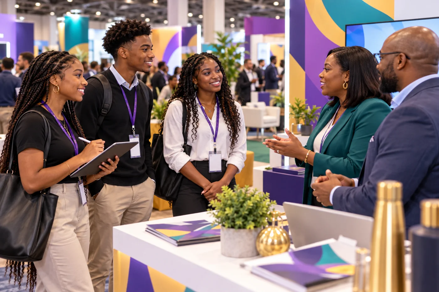 College-age interns speaking with business exhibitors at an expo