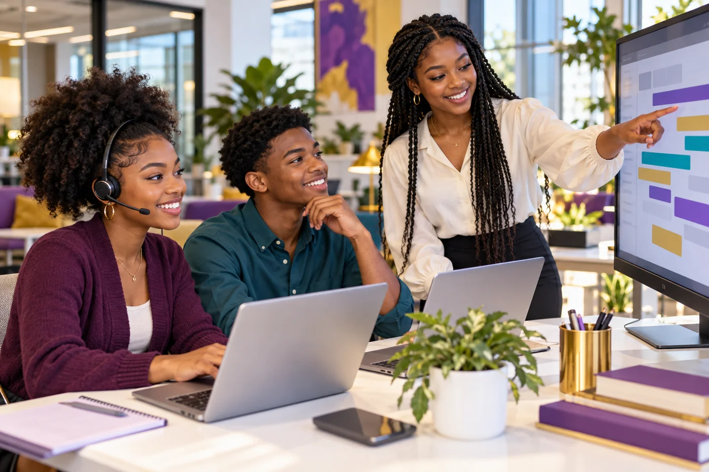 Illustration of college-age interns collaborating at computers